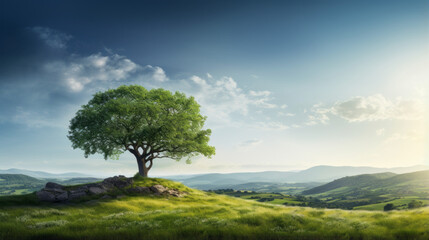 A single, solitary tree stands on a grassy hill, overlooking a town in the distance - obrazy, fototapety, plakaty
