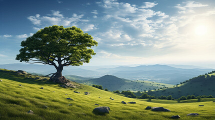A single, solitary tree stands on a grassy hill, overlooking a town in the distance - obrazy, fototapety, plakaty