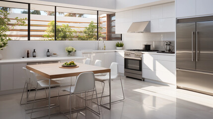 A modern, minimalist kitchen with sleek white countertops and stainless steel appliances