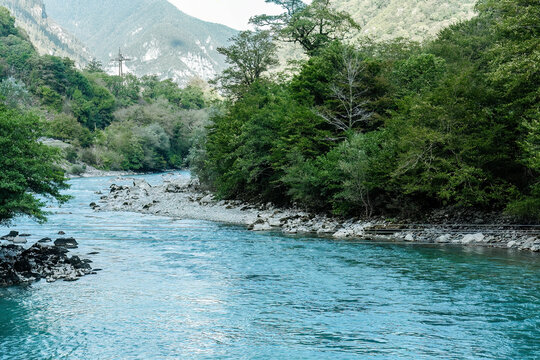 Landscape with Bzyb river, mountains and forest in Abkhazia
