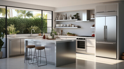 A modern, minimalist kitchen with sleek white countertops and stainless steel appliances