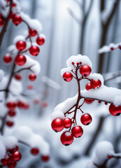 Red berries in the winter forest photo background