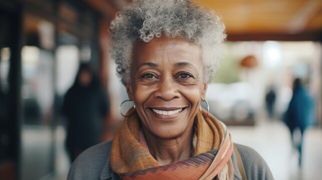 American elderly woman smiling happily, Retired people living in the city, Generative AI