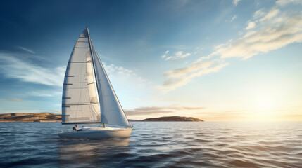 Fototapeta premium A single sailboat drifting lazily across a calm sea