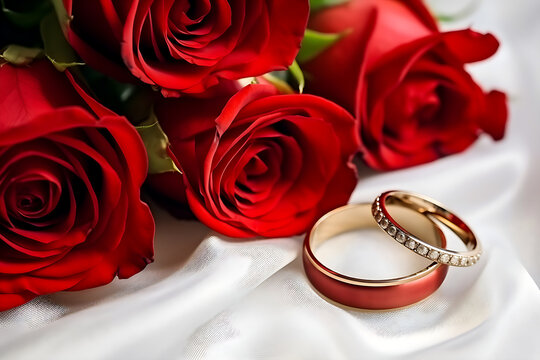 wedding gold rings and red roses, close up wedding picture with rings