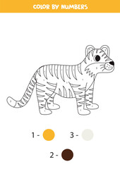 Color cartoon tiger by numbers. Worksheet for kids.
