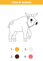 Color cartoon golden takin by numbers. Worksheet for kids.