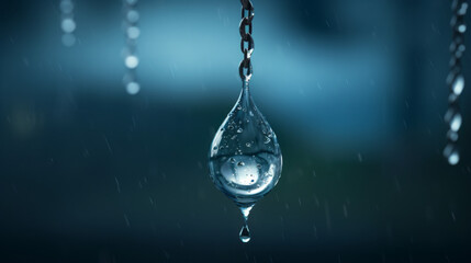 A single raindrop hangs from a power line, its tiny droplet swaying in the wind