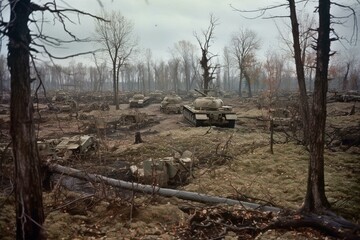 Destroyed battlefield with tanks and barren trees. Generative AI