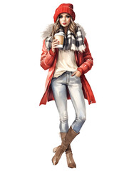 Charming young woman in casual winter clothes, with a hot take out coffee cup.