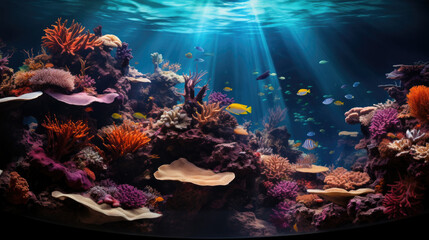 Fototapeta na wymiar underwater coral reef landscape background in the deep blue ocean with colorful fish and marine life.