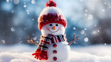 An High-Definition Capture of an Happy and Smiling Snowman in the Winter wearing a Coloured Scarf. 4K