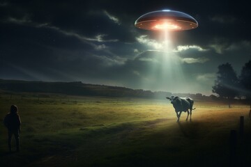 alien abduction of a cow in a field. Generative AI