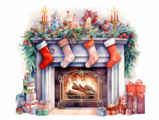 Cozy Corner: Watercolor Fireplace Scene Illustration on white