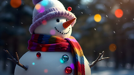 An High-Definition Capture of an Happy and Smiling Snowman in the Winter wearing a Coloured Scarf. 4K