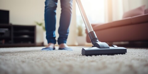 Close-up view of an individual meticulously cleaning a carpet using a vacuum cleaner, concept of Thorough cleaning - obrazy, fototapety, plakaty