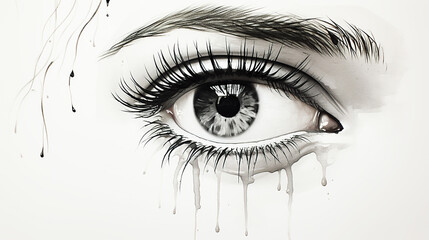 A female teary eye in watercolor style with copy space. Emotion concept. AI generated.