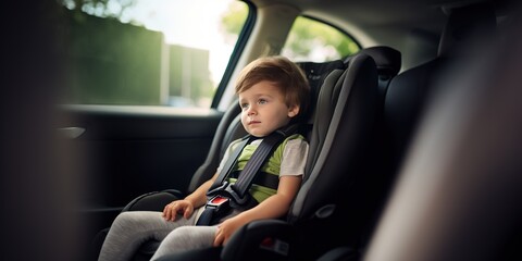 A child securely fastened in a safety car seat, ensuring protection during travel , concept of Child safety