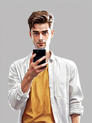 Colored Illustrated Drawing of a Brown Haired Man in a White Shirt over a Yellow Shirt Holding a Cellphone