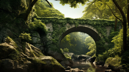 A single bridge spanning a deep ravine, connecting two valleys of lush, green forests - obrazy, fototapety, plakaty