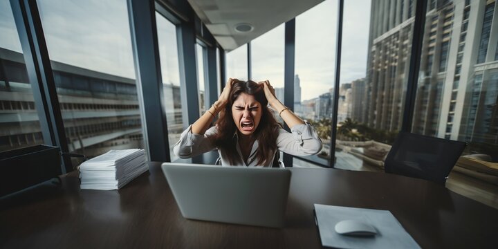 Top view of a young woman screaming because of fatigue from sedentary work, concept of Stress