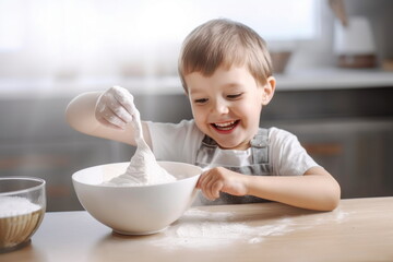 smiling baby helps mom prepare a delicious and healthy breakfast. Mother's Day concept