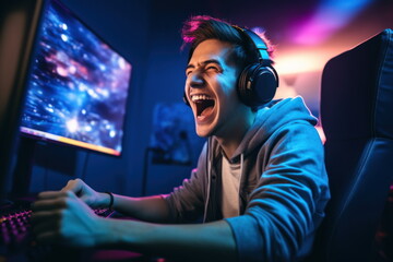 Pro Gamer Man Win Online Video Game and Cheer Up with Fist Gesture