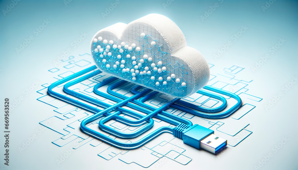 Poster Cloud computing with cable on a blue background. Technology and cloud storage concept. Generative AI