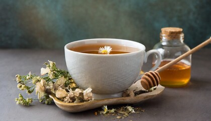 cup of tea with lemon and flowers