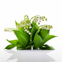 Lily of the valley bouquet with reflection on white surface