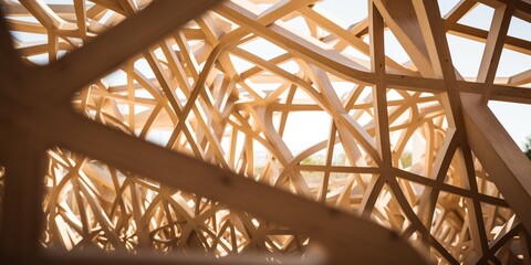 Close-up view of the intricate wooden frame of a prefabricated structure , concept of Modular construction