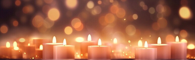 Romantic festive holiday evening. Valentines day of lights horizontal banner for website. Christmas romance presentation with light candles, effect bokeh and empty copy space