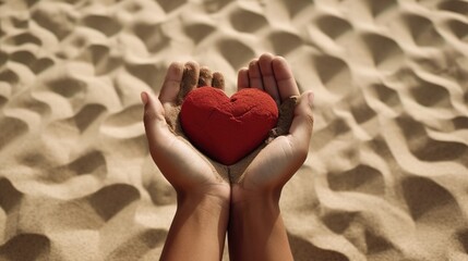 Hands holding heart with sand in the background made with Ai generative technology