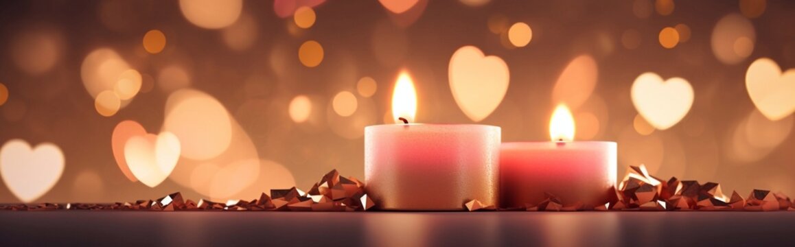 Romantic festive holiday evening. Valentines day of lights horizontal banner for website. Christmas romance presentation with light candles, effect bokeh and empty copy space