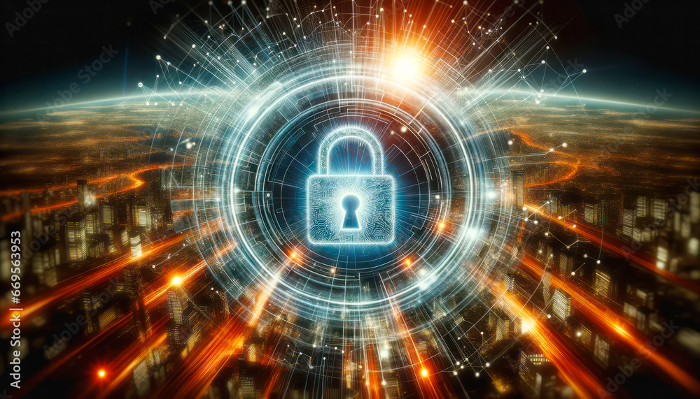 Poster cyber security concept illustrated by a padlock on a futuristic background. generative ai
