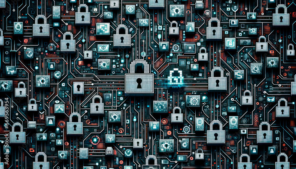 Poster Cyber security concept. Lock on circuit board background. Generative AI