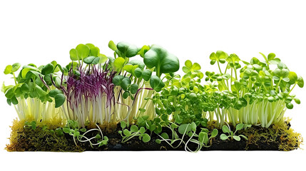 3d rendering close up fresh organic assortment of microgreens isolated on transparent background. Growing cabbage, alfalfa, sunflower, arugula, mustard sprouts. Healthy lifestyle concept - obrazy, fototapety, plakaty