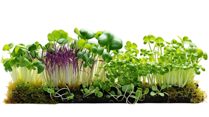 3d rendering close up fresh organic assortment of microgreens isolated on transparent background. Growing cabbage, alfalfa, sunflower, arugula, mustard sprouts. Healthy lifestyle concept