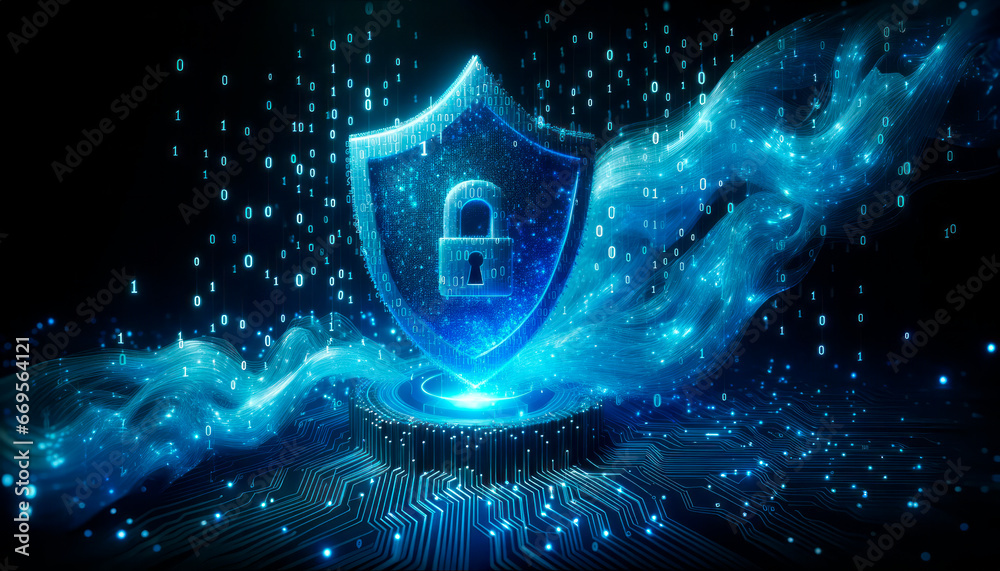 Poster Cyber security concept. Shield with binary code background. Generative AI