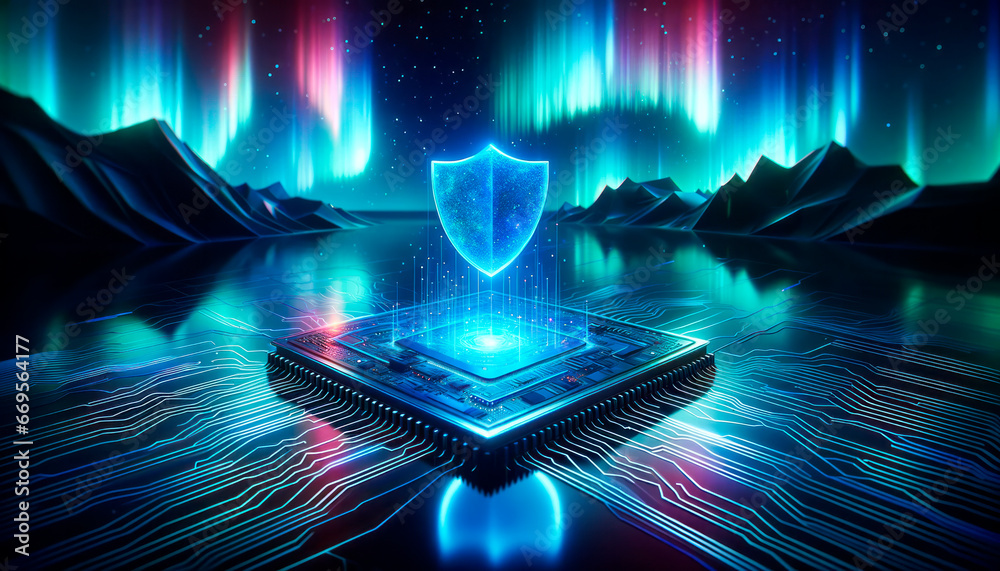 Poster Cyber security concept with shield and abstract background. Generative AI