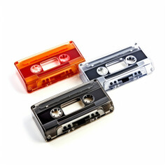 Three cassettes of orange, transparent and black colors, on a white background.