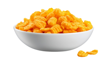 3d rendering close up organic crispy tasty corn flakes in white plate bowl isolated on transparent background png. Healthy lifestyle concept for cereal breakfast