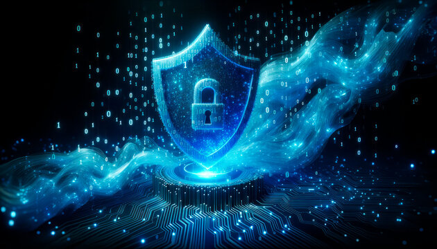 Cyber security concept. Shield with binary code background. Generative AI