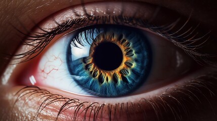 Beautiful close-up eye and amazing reflections. Macro pupil of the human retina. Eye monitoring and treatment healthcare - obrazy, fototapety, plakaty