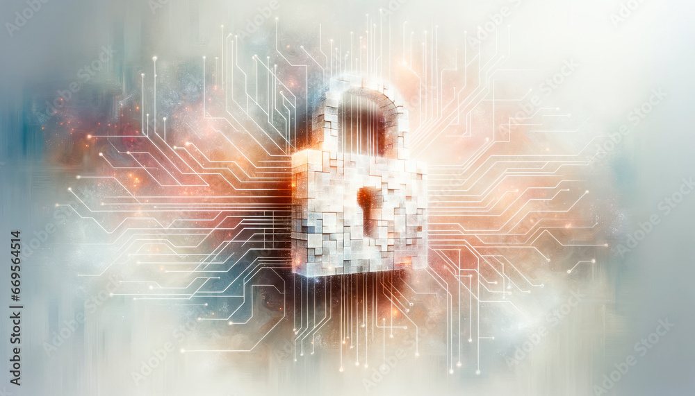 Poster Conceptual image of digital security with circuit board and padlock. Generative AI
