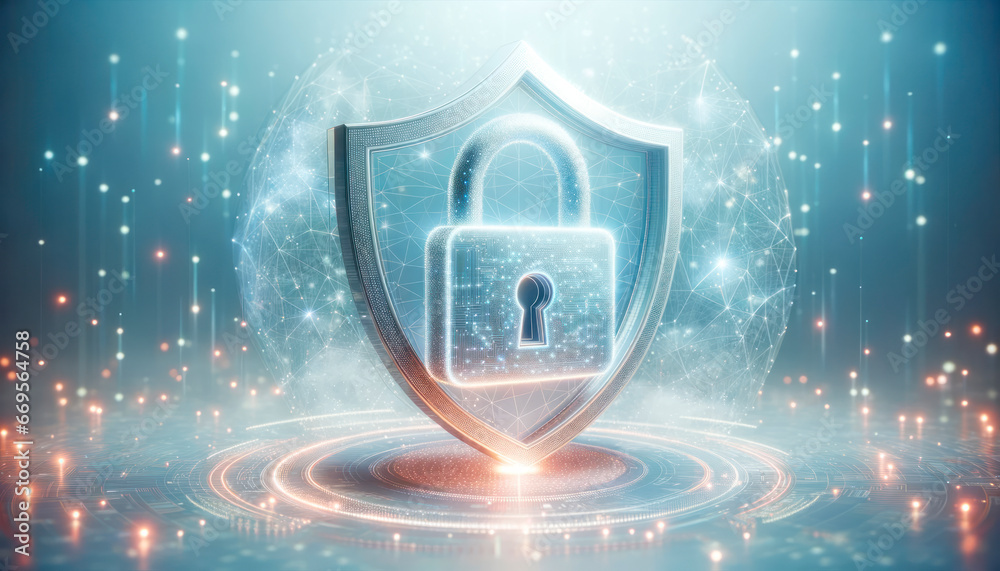Poster Cyber security concept. Shield with padlock on blue background. Generative AI