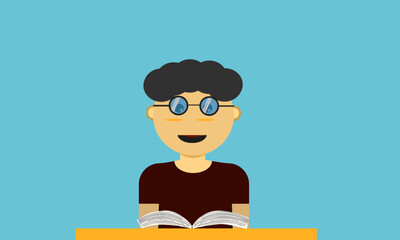 flat illustration of a young man studying by reading a book happily, with a space area