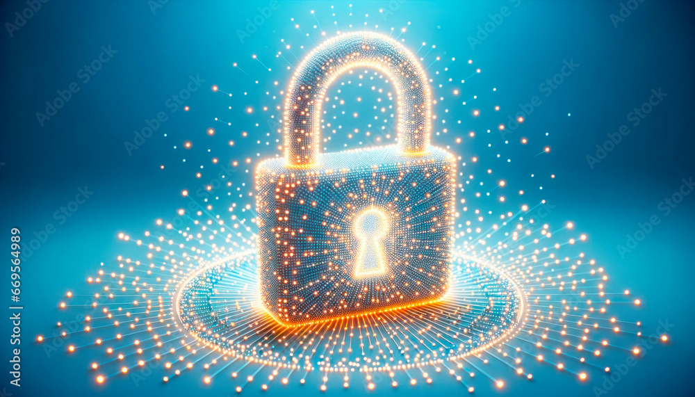 Poster cyber security concept with glowing digital padlock on blue background. generative ai