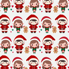 Obraz na płótnie Canvas Seamless pattern features a cute elf girl, a cheerful boy, and a delicious-looking cookie man on a white background. 