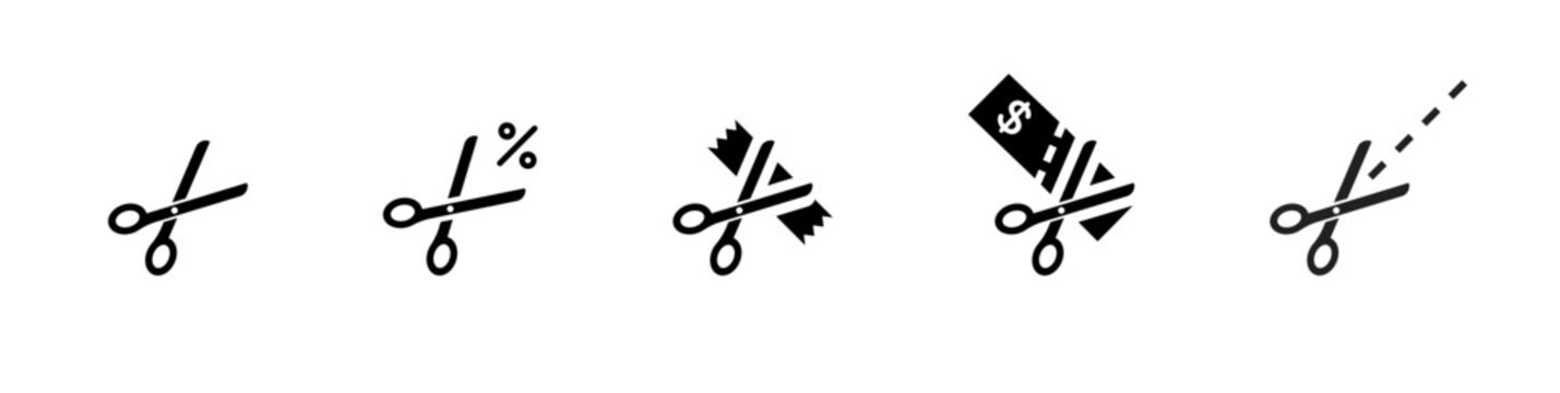 Scissors cut icon. Scissors sale discount icon collection. Discount coupon cut icons
